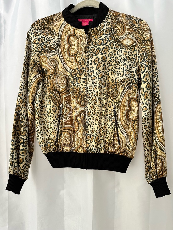 Sunny Leigh Jackets & Blazers - Sunny Leigh 100% Silk Leopard Paisley Bomber Jacket Black Ribbed Trim Size S